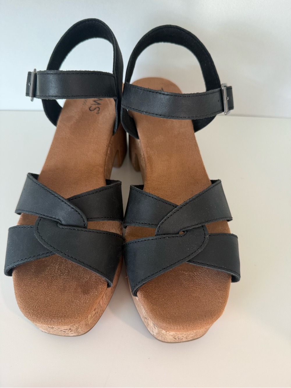 Toms Black Leather Crisscross Wedge Sandals